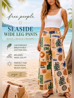 Free People Coastal Print Wide Leg Pants | Boho Beach Resort S 💚🧡💙💛
